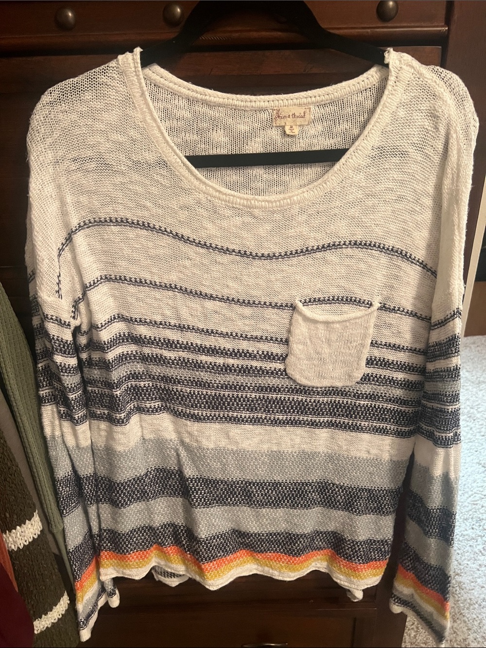 Hem & Thread Cream and Navy Striped Scoop Neck Sweater with Sunset Hem